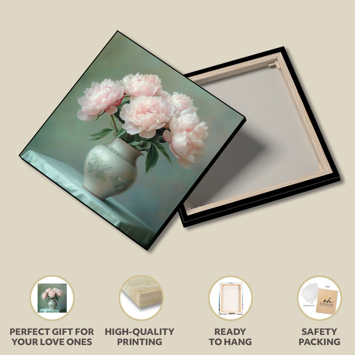Delicate Peonies in Soft Ceramic Vase Canvas Print