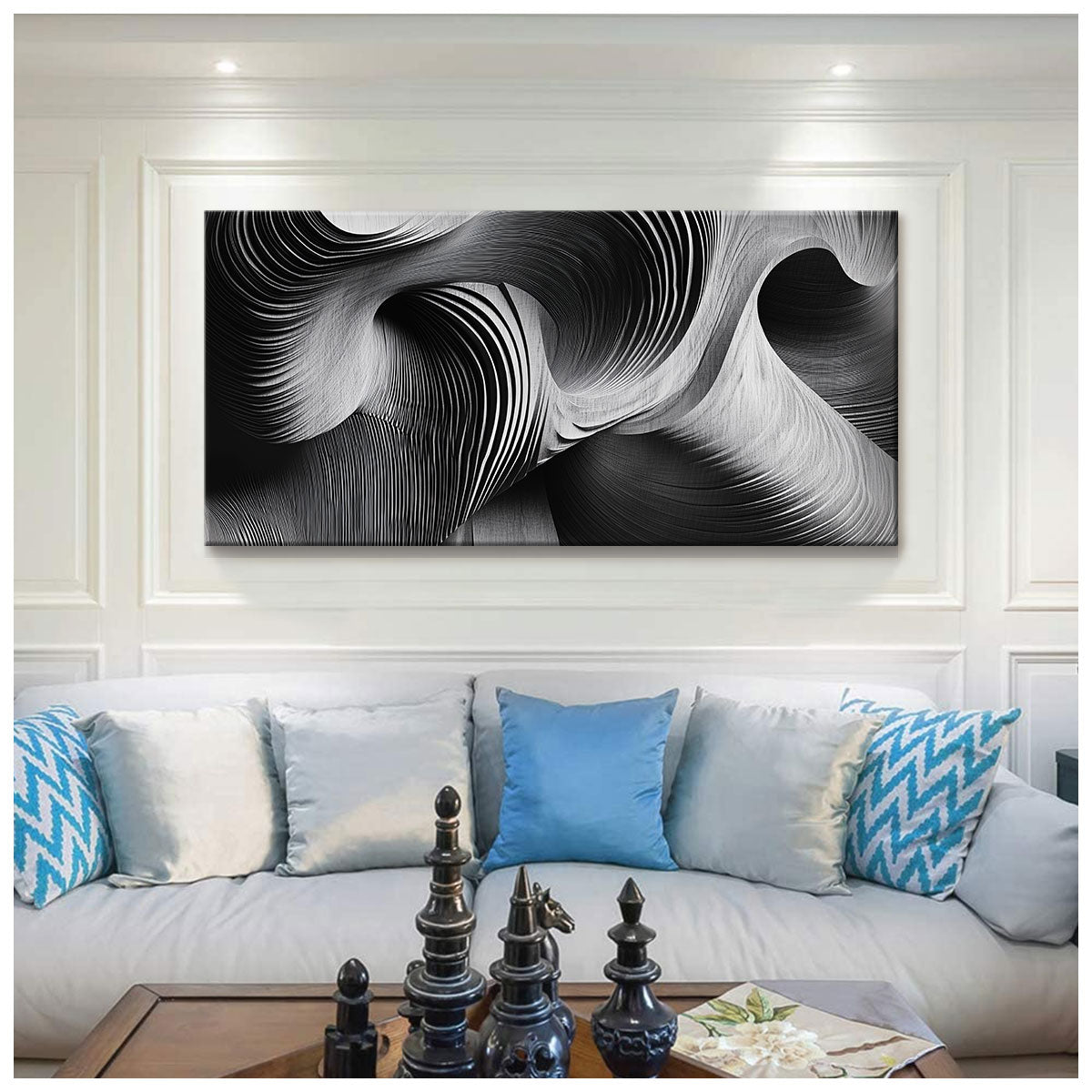 Waves Monochromatic Abstract Canvas Wall Art for Living Room