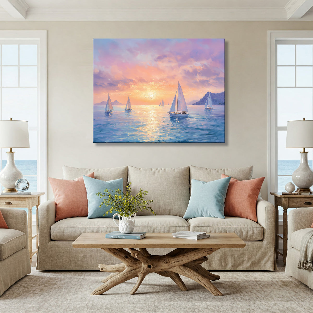 Sailboats Floating on Vast Sea fineart Canvas Print
