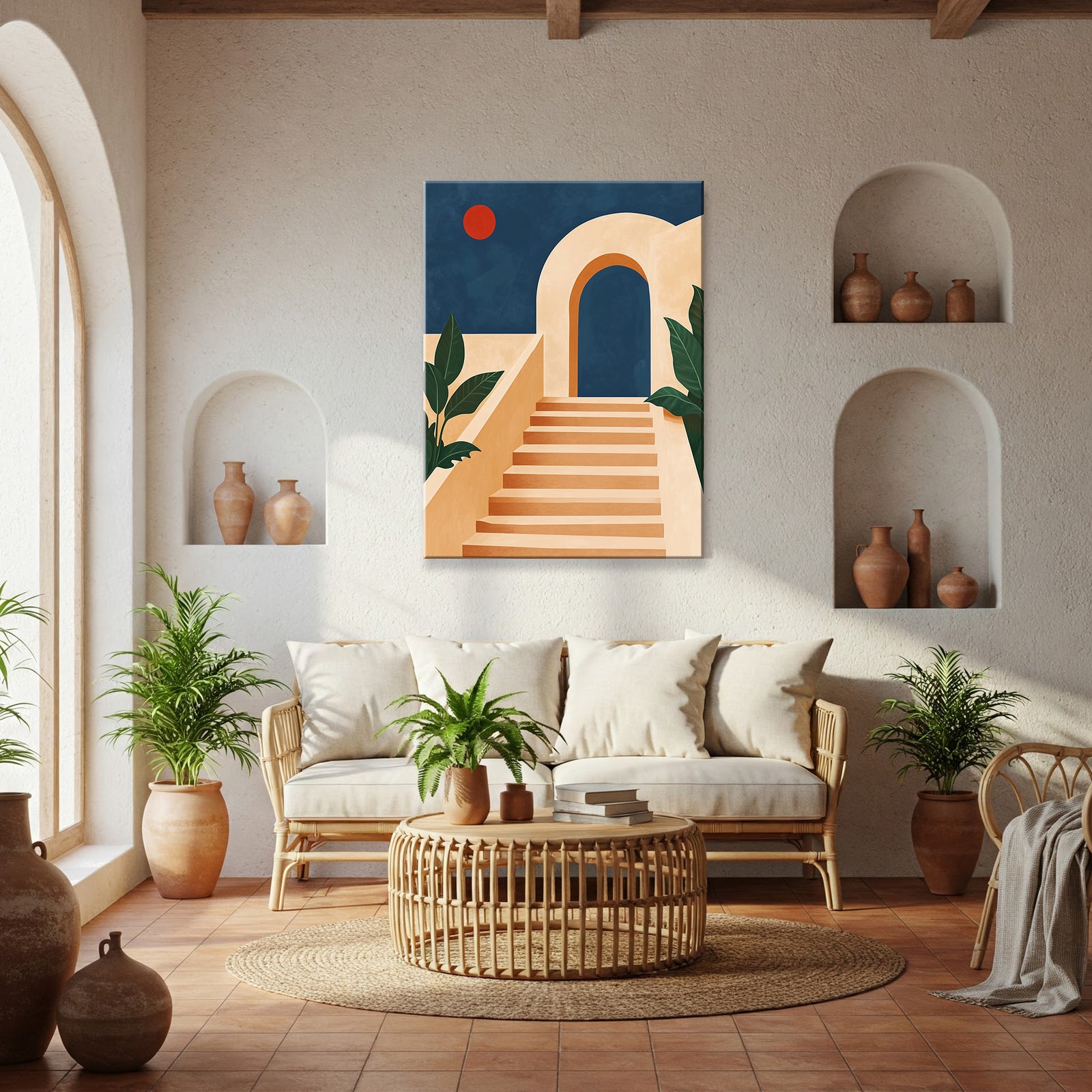 Abstract Boho Staircase Illustration Canvas in Beige Earth Tones