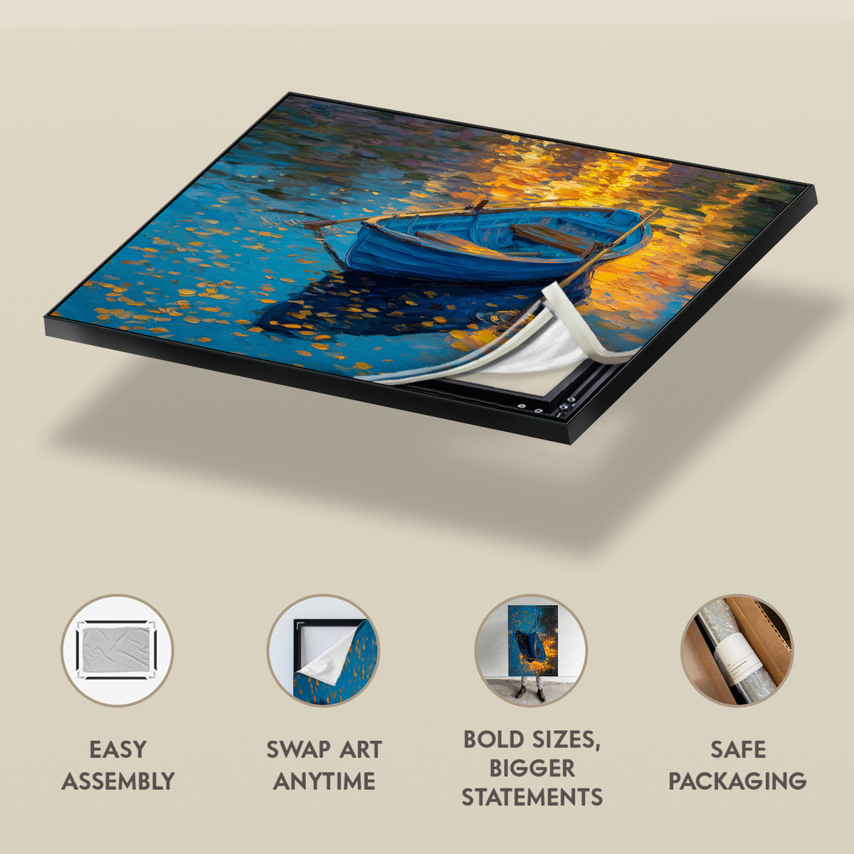 Golden Light and Blue Rowboat Oil Canvas Wall Art