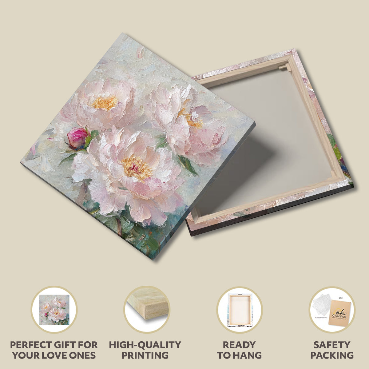 Soft Peonies in Bloom Canvas Art with Oil-Painted Texture
