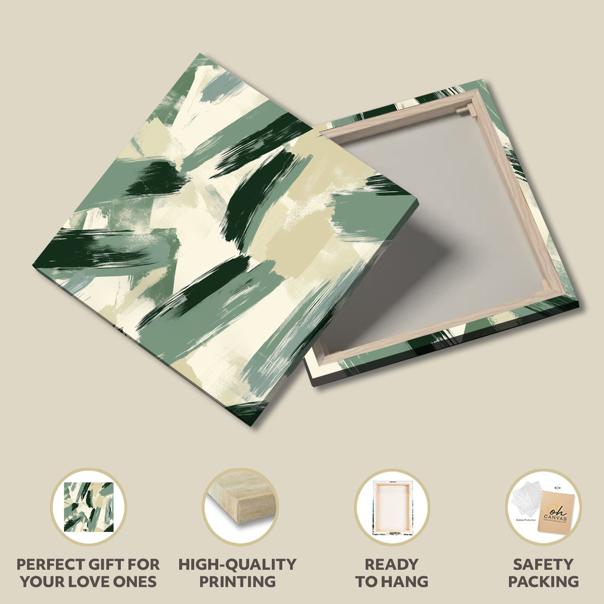 Sage Green Abstract Brush Canvas Print for Calm Interiors