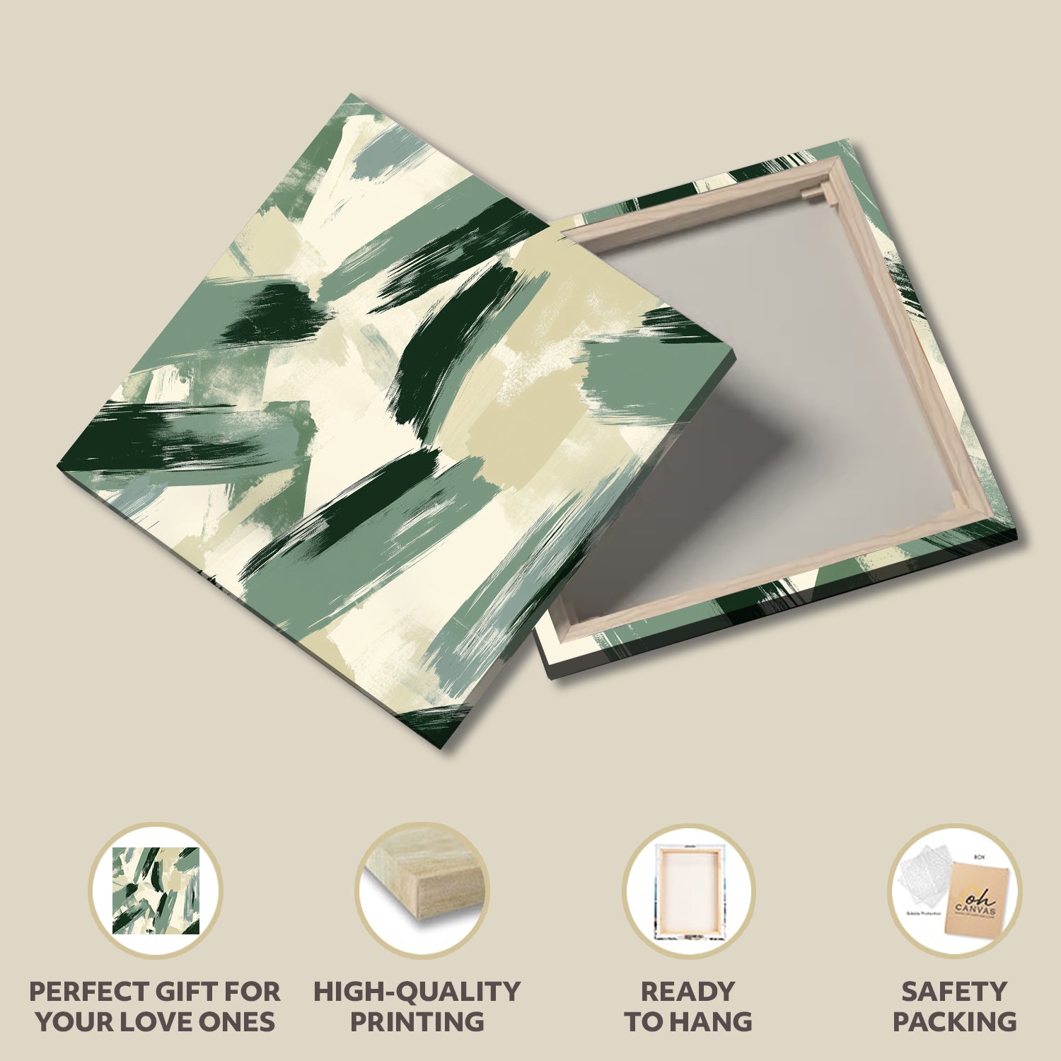 Sage Green Abstract Brush Canvas Print for Calm Interiors