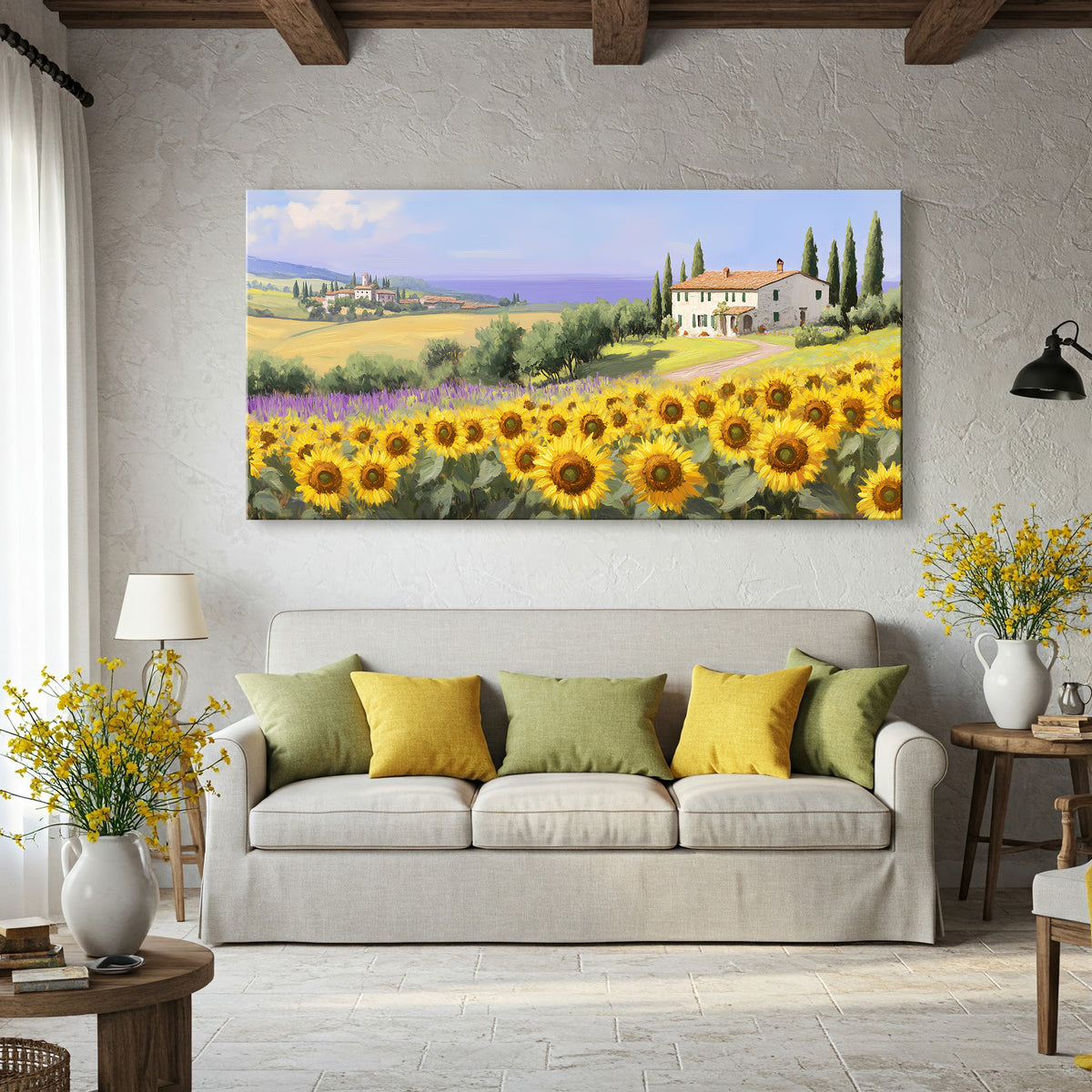 Sunflower Field in Tuscany Vintage Oil Print Canvas Wall Art