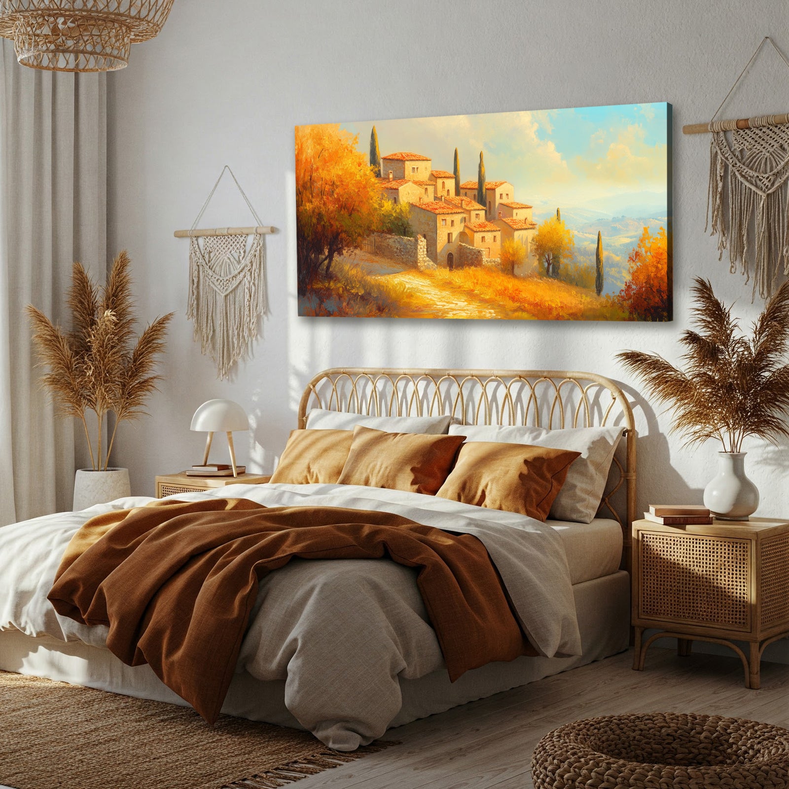 Panoramic Stone Village Scene Canvas in Rustic Boho Style