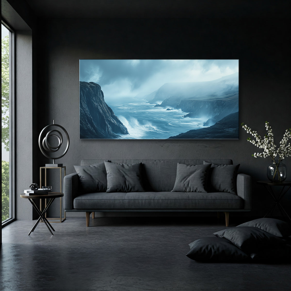 Coastal Cliffside and Waves Canvas in Earthy Tones
