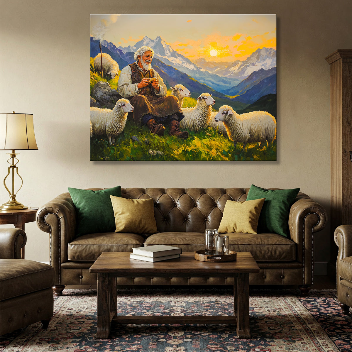 Shepherd and Sheep Pastoral Canvas in Vintage Oil Style
