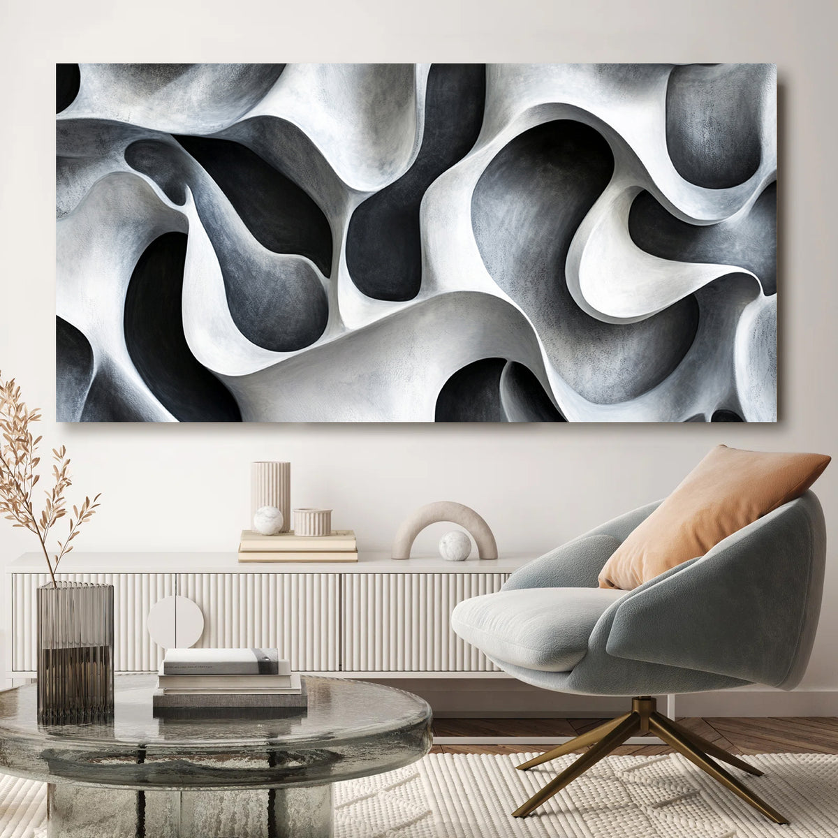 Fluid Forms Monochromatic Abstract Canvas Wall Art for Living Room
