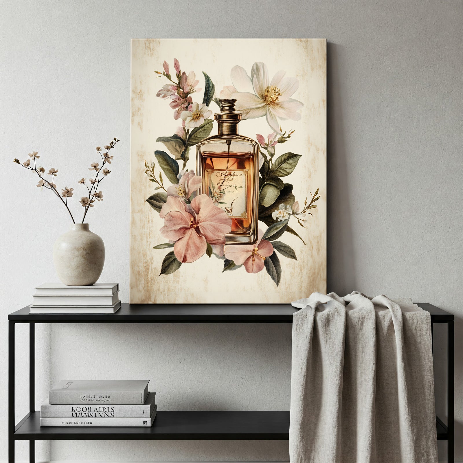 Vintage Perfume Advertisement Canvas Print with Elegant Typography