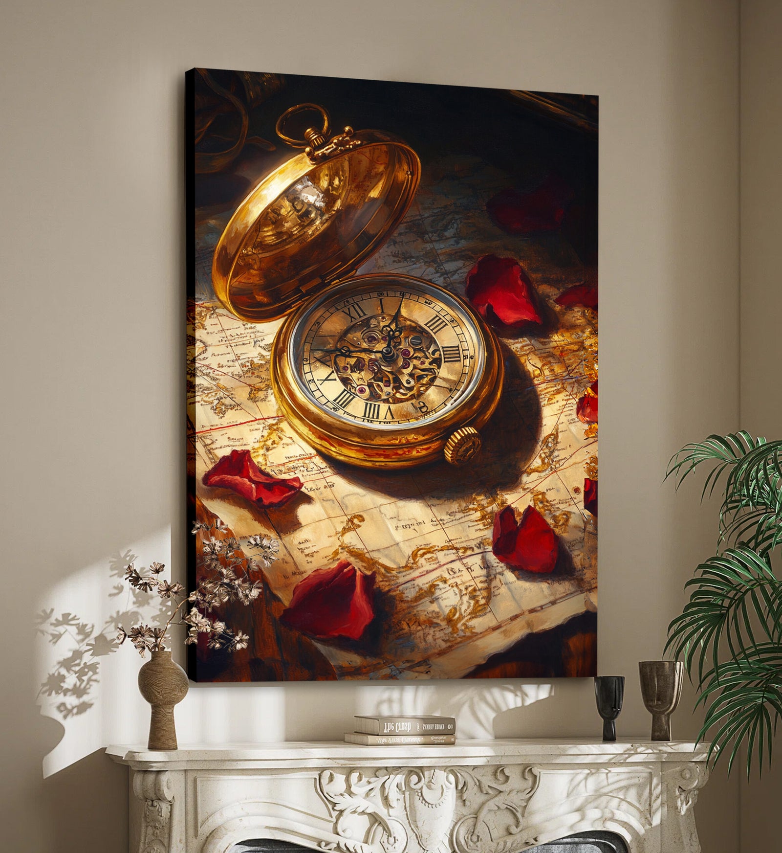 Vintage Pocket Watch and Old Map Oil Painting Canvas Wall Art