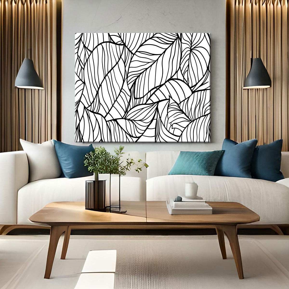 Black And White Leaf Line Artwork For Living Room