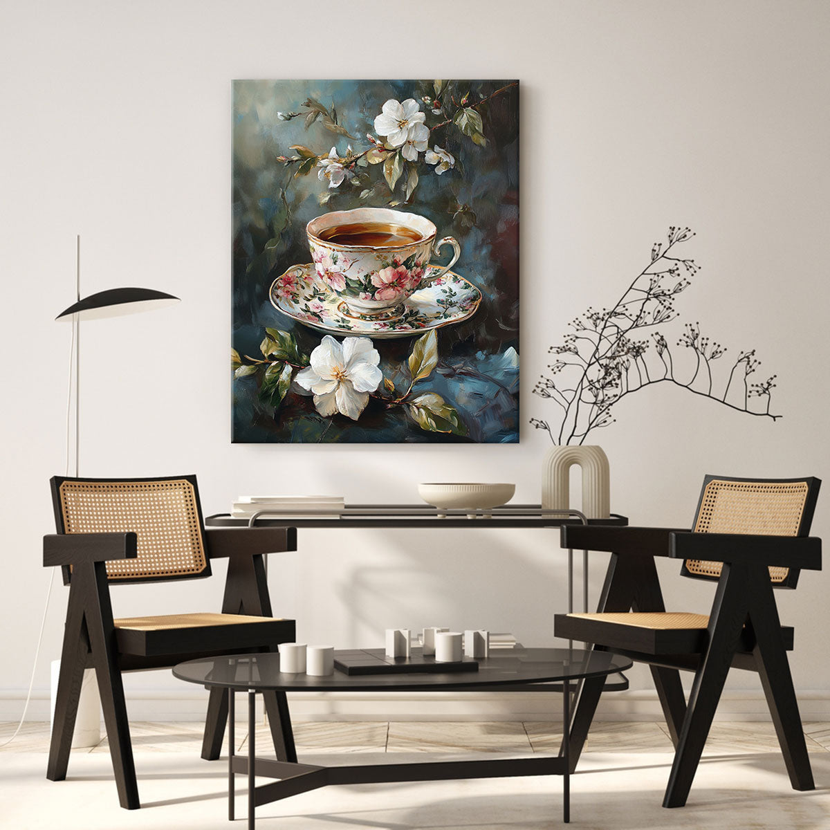 Vintage Floral Teacup Oil Painting Canvas Wall Art