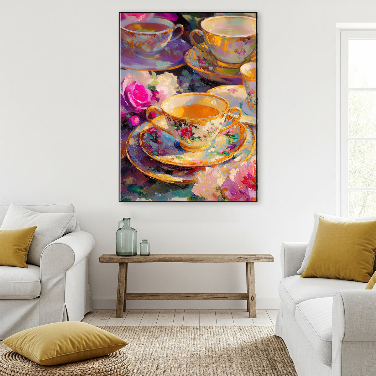Still Life Vintage Floral Teacups Fine Art Canvas