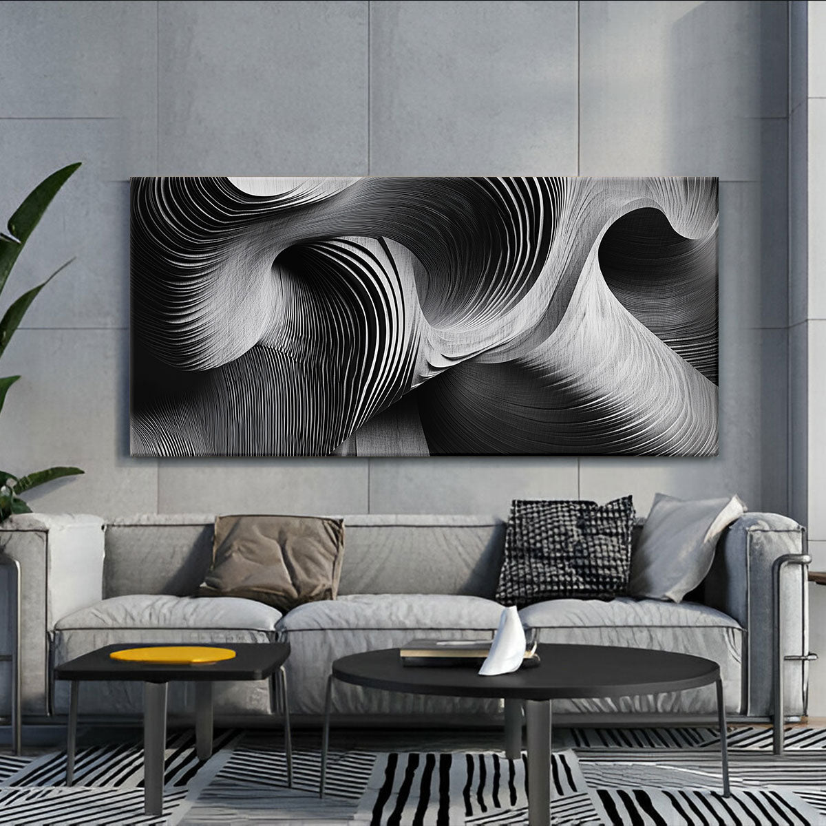 Waves Monochromatic Abstract Canvas Wall Art for Living Room