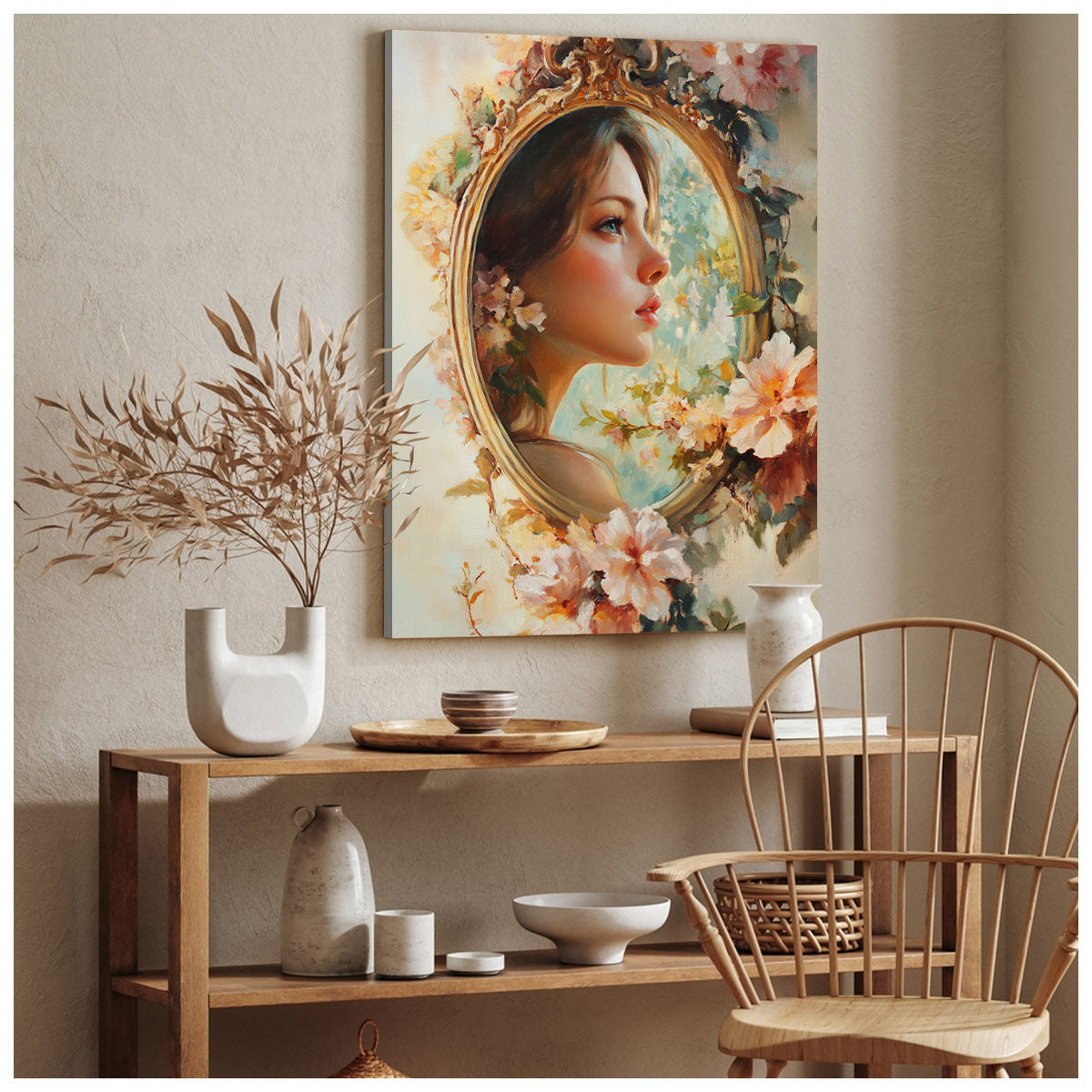 Beauty in the Mirror – Romantic Oil Painting Canvas Wall Art