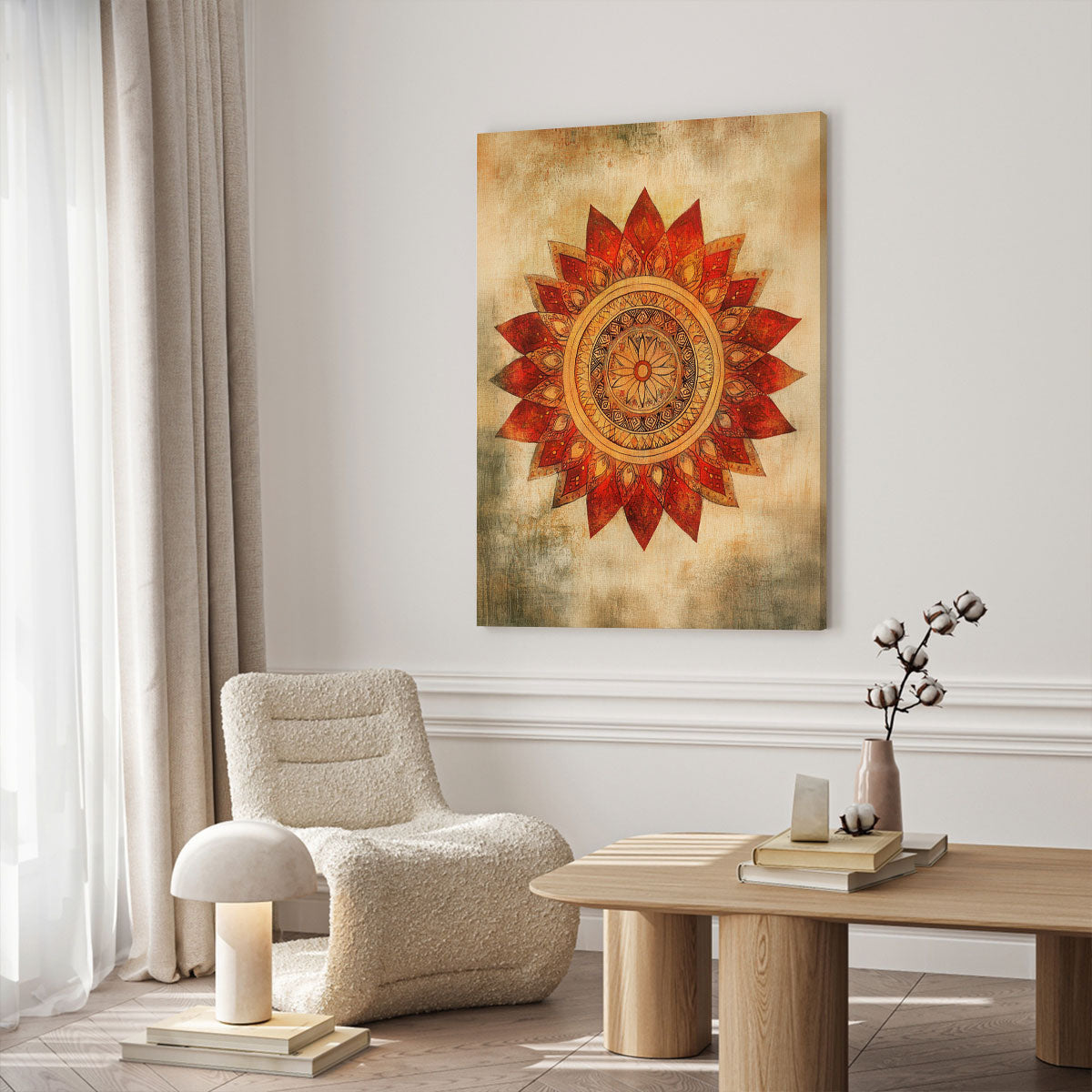 Boho Mandala Canvas Wall Art - Warm Tribal Sunflower Decor
