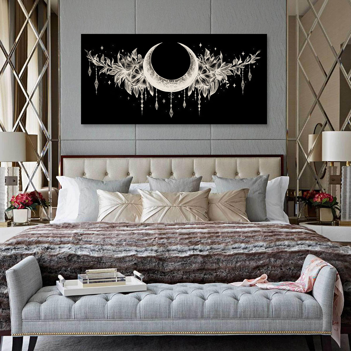 Crescent Moon and Floral Line Art Boho Canvas Wall Decor