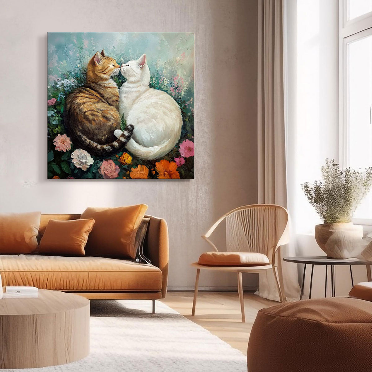 Romantic Cat Duo in Floral Garden – Oil Canvas Wall Art