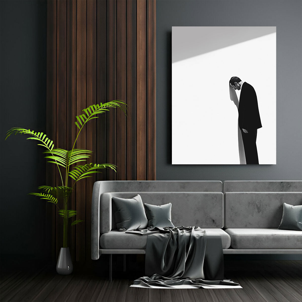 Sad Man Shadow Contemplative Black And White Wall Art