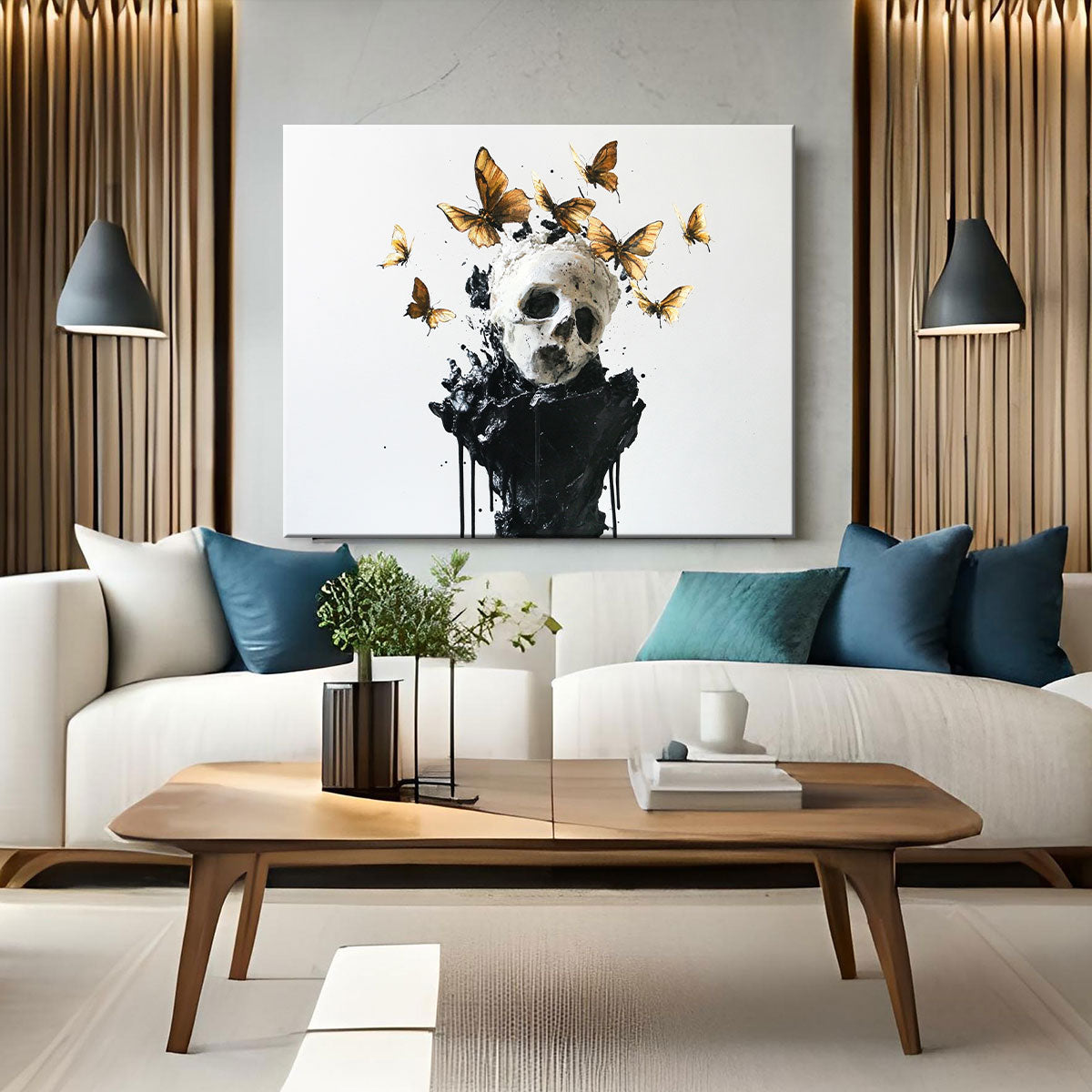 Butterflies Skull Sculpture Minimalist Watercolor Art Wall