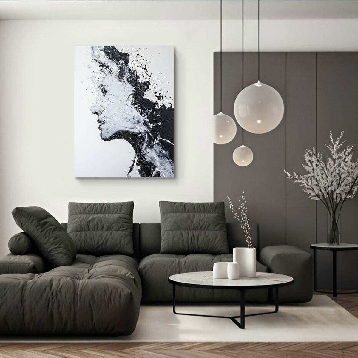 Black And White Abstract Portrait Minimalist Oil Painting Wall Art