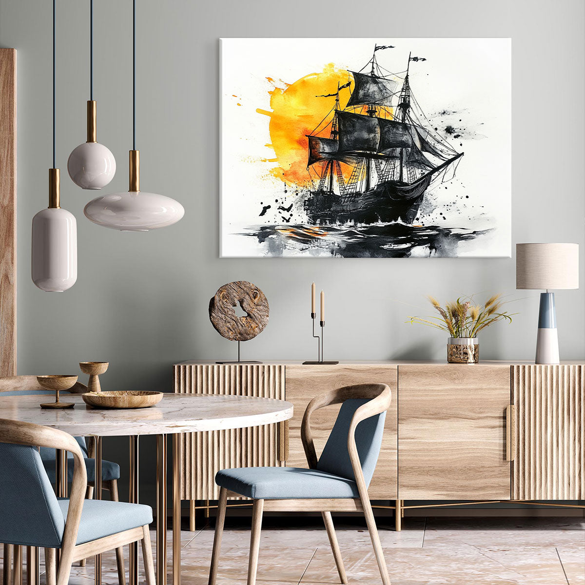 Sailing Black Pirate Ship Abstract Wall Art
