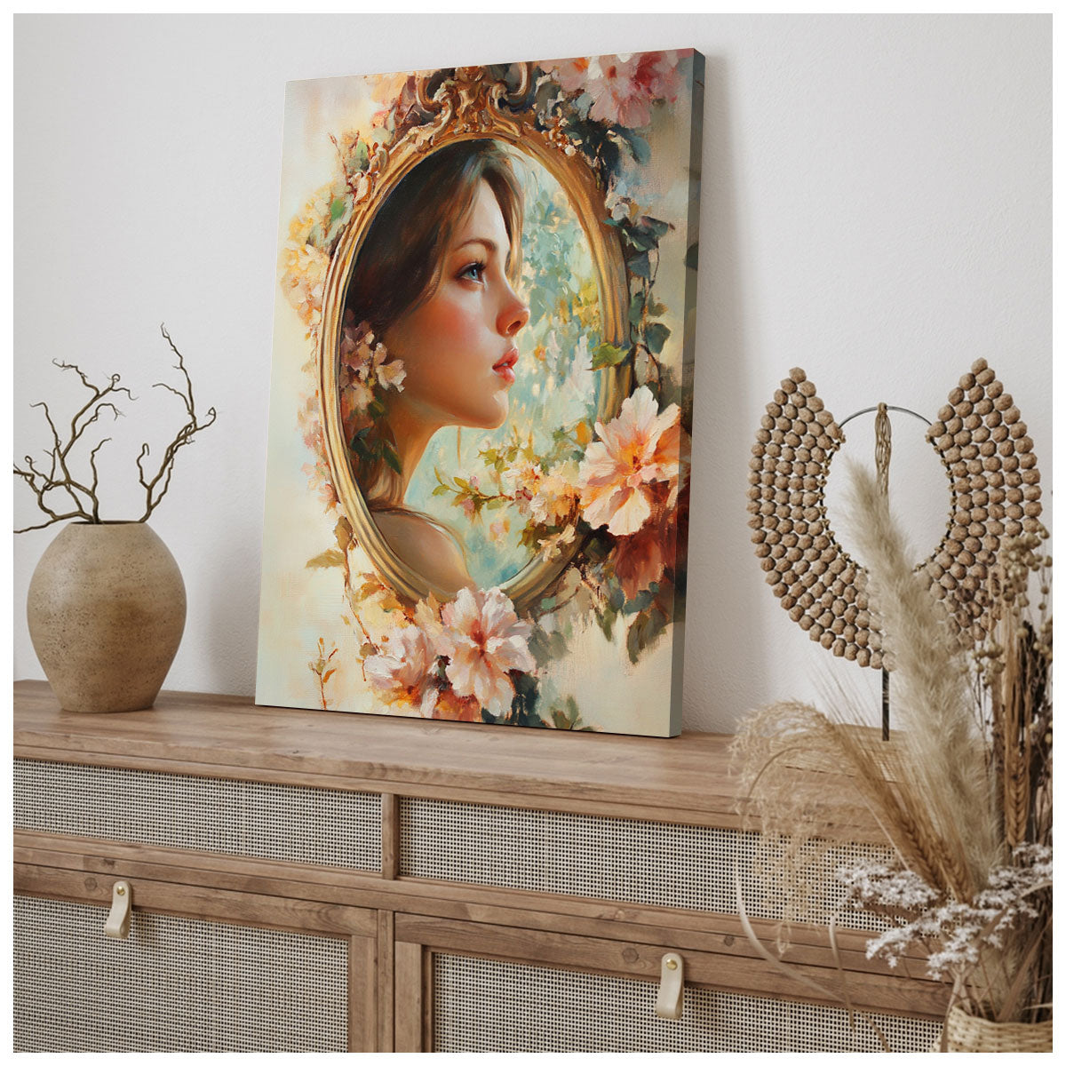 Beauty in the Mirror – Romantic Oil Painting Canvas Wall Art
