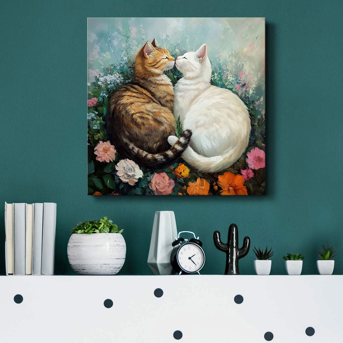 Romantic Cat Duo in Floral Garden – Oil Canvas Wall Art