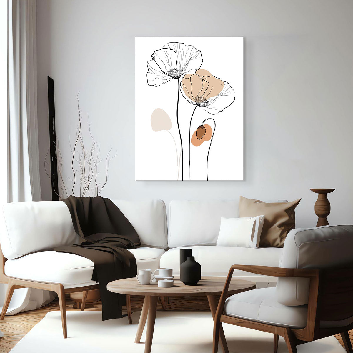One-Line Poppy Flower Canvas Wall Art – Minimalist Floral Line Drawing Print