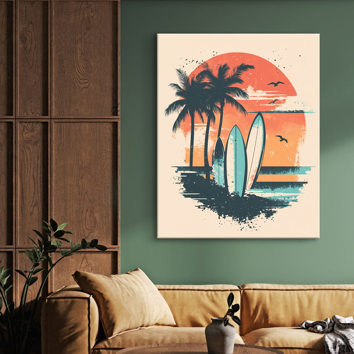 Vintage Surfboards and Palm Trees Retro Canvas Wall Art