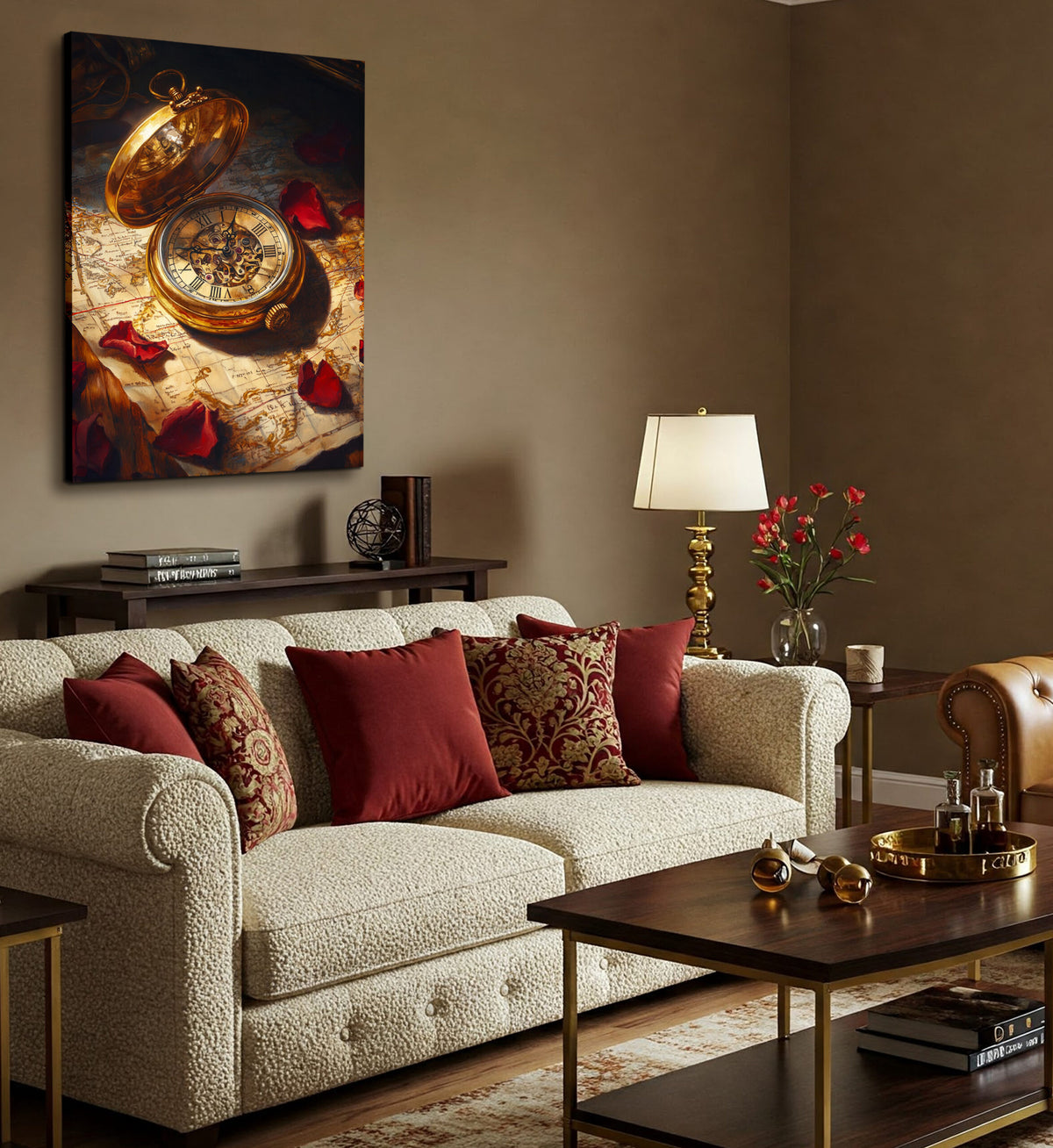 Vintage Pocket Watch and Old Map Oil Painting Canvas Wall Art