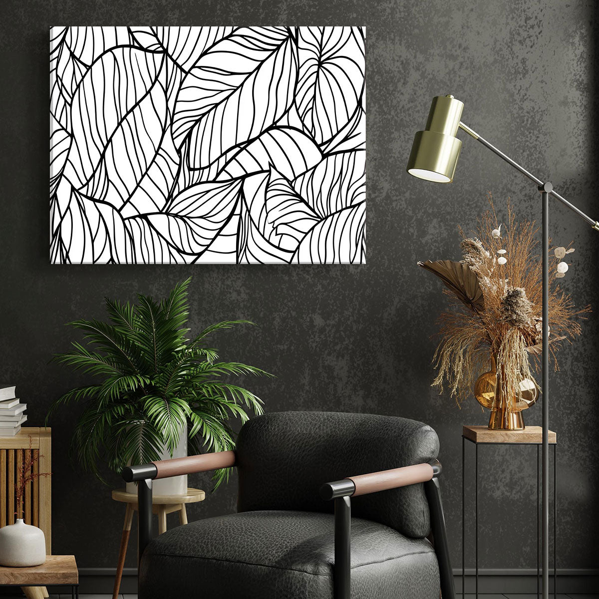 Black And White Leaf Line Artwork For Living Room