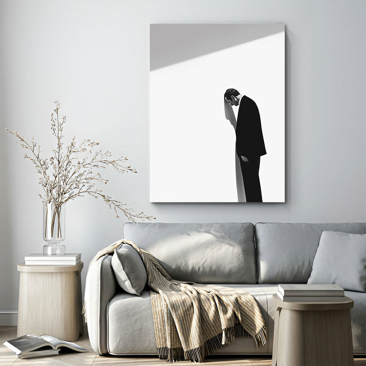 Sad Man Shadow Contemplative Black And White Wall Art
