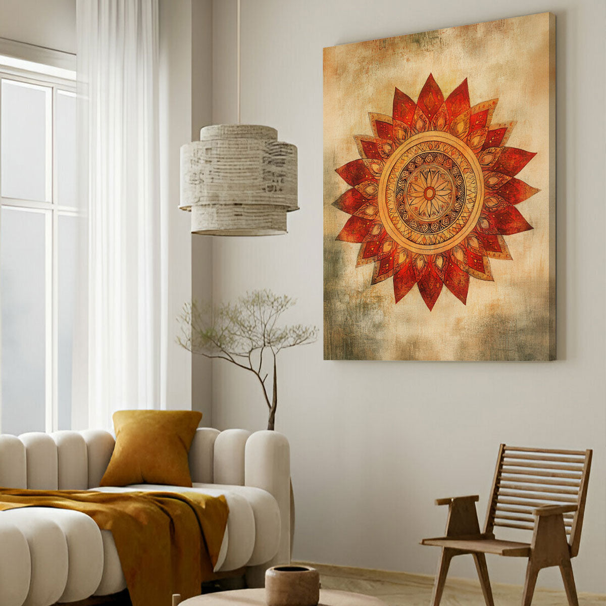 Boho Mandala Canvas Wall Art - Warm Tribal Sunflower Decor