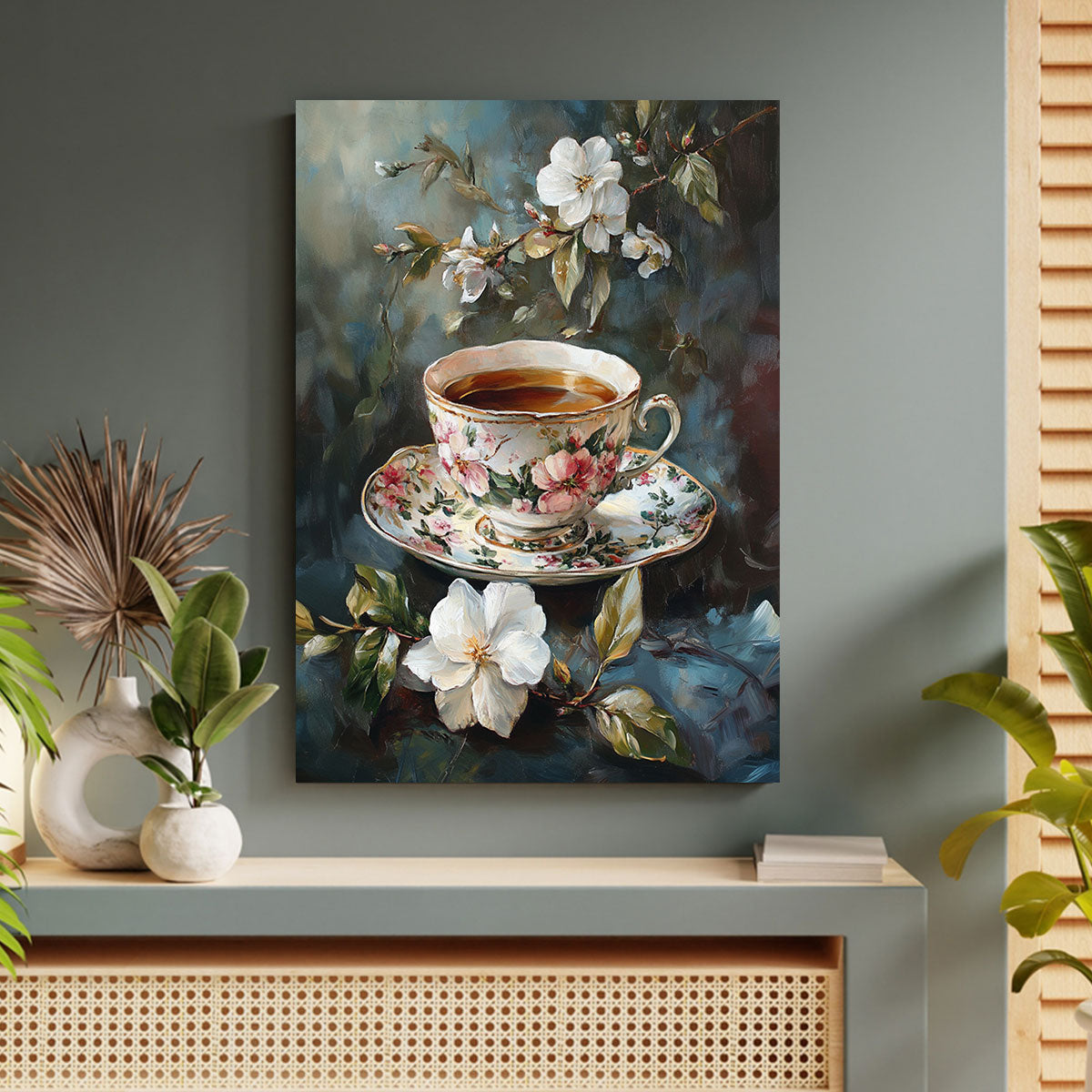 Vintage Floral Teacup Oil Painting Canvas Wall Art