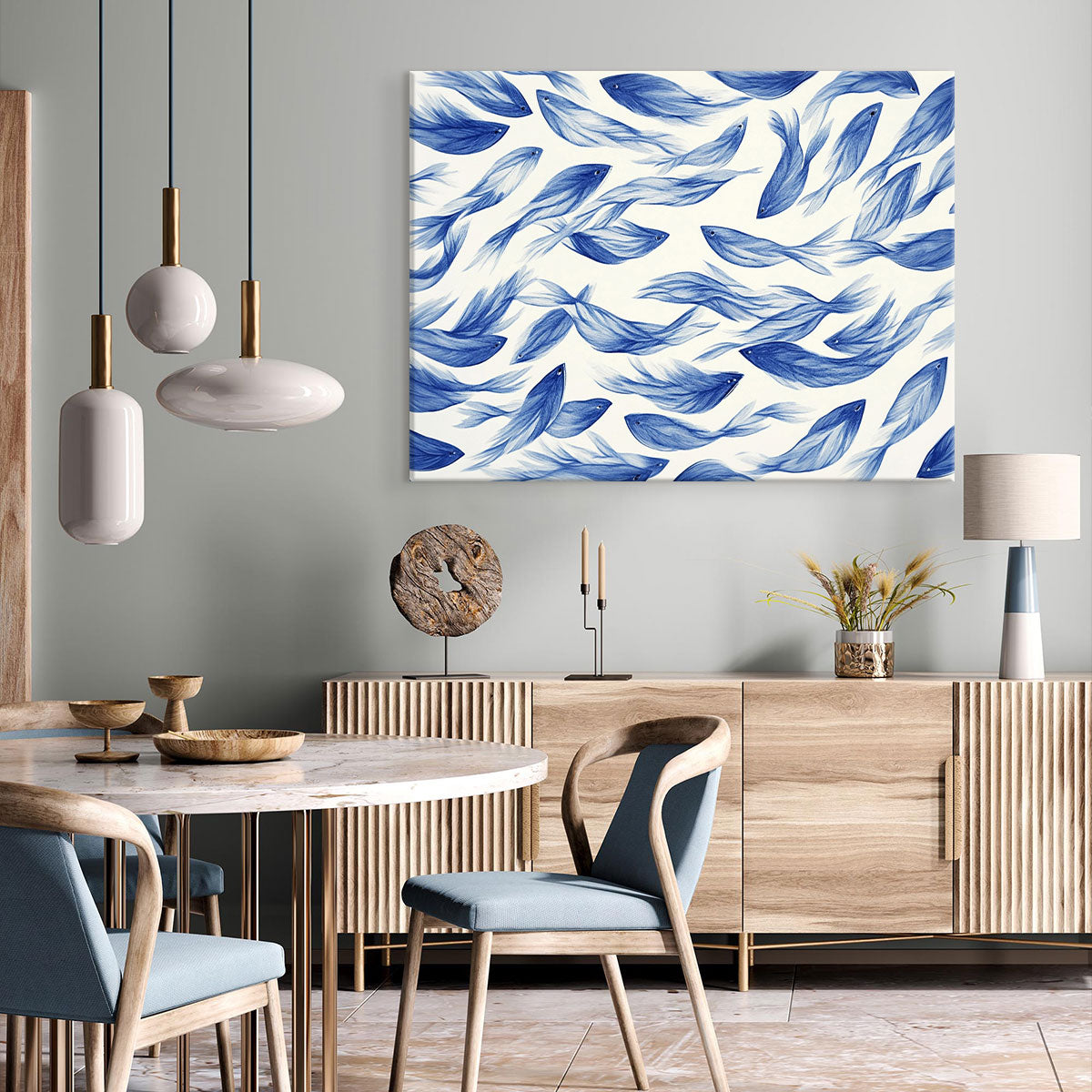 Blue Flowing Fish Horizontal Canvas Abstract Wall Art