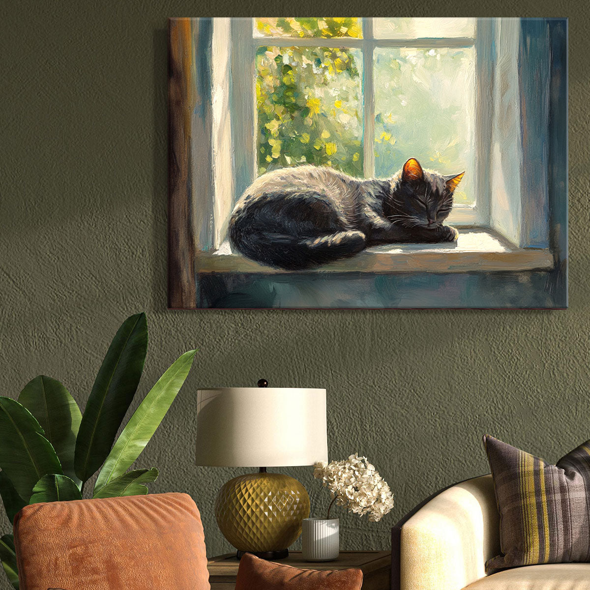 Lazy Cat Nap - Vintage Oil Painting Canvas Print