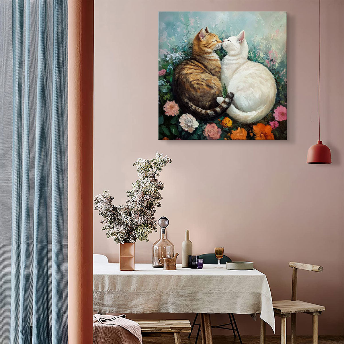 Romantic Cat Duo in Floral Garden – Oil Canvas Wall Art
