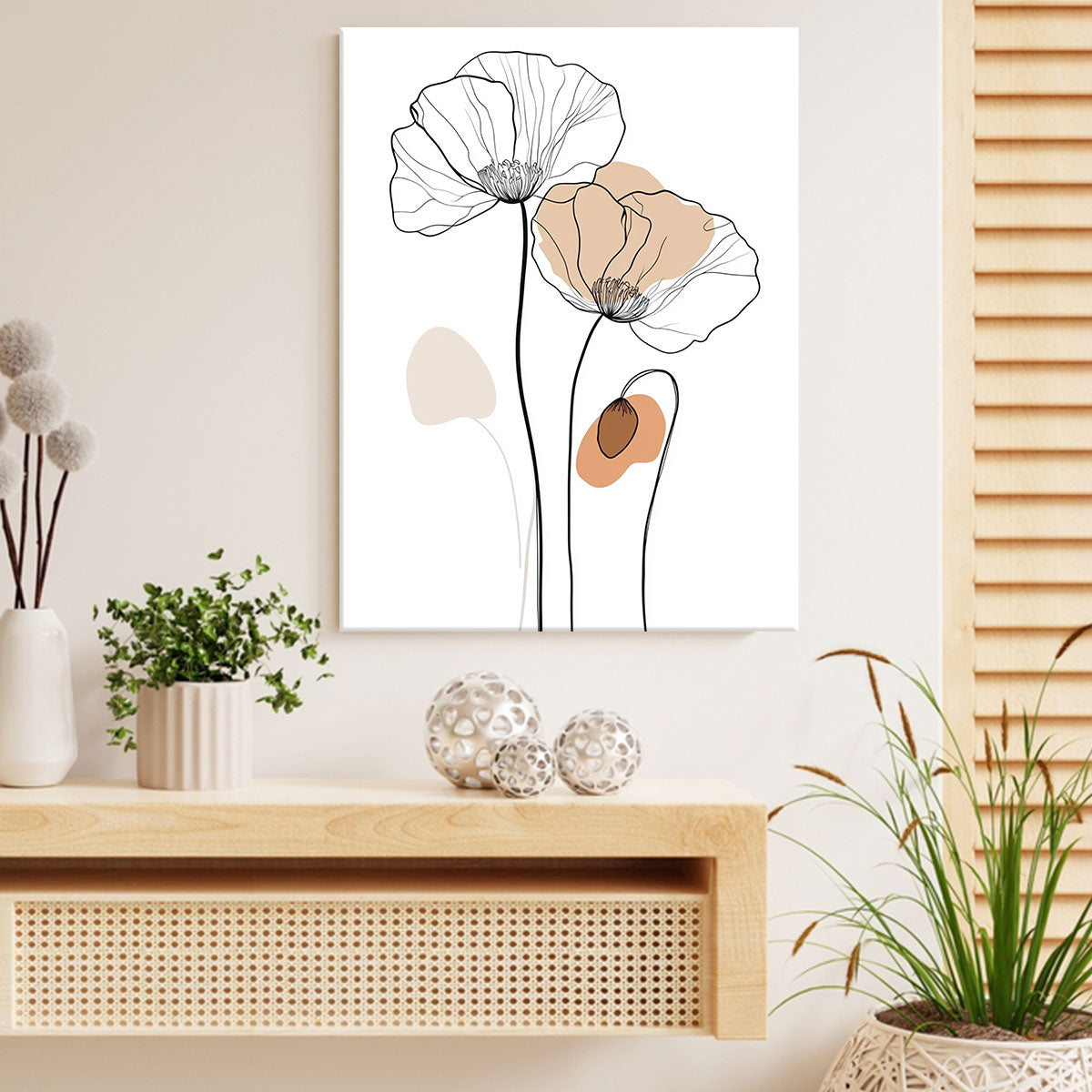 One-Line Poppy Flower Canvas Wall Art – Minimalist Floral Line Drawing Print