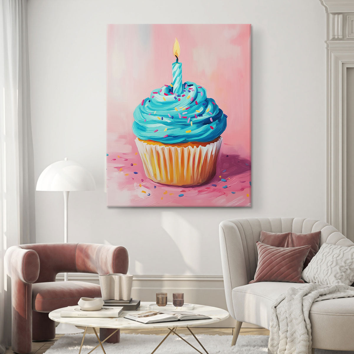 Pop Art Cupcake Against Pink Wall Art Print