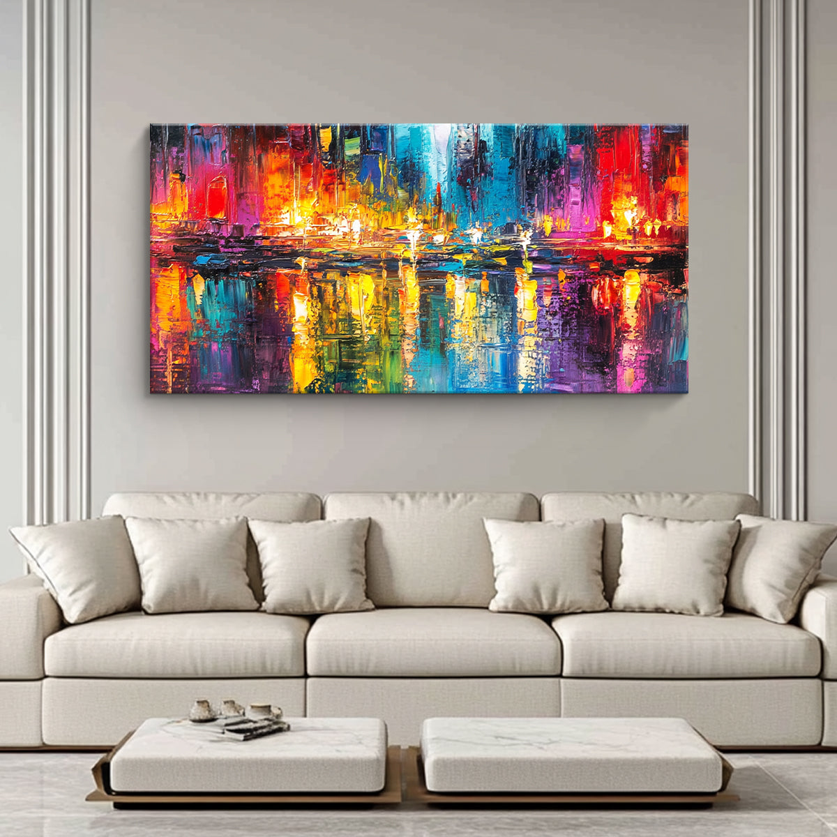 Radiant Reflections Cityscape Abstract Canvas Wall Art for Living Room