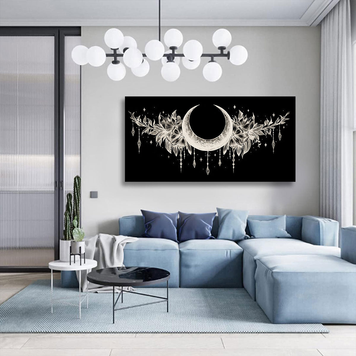 Crescent Moon and Floral Line Art Boho Canvas Wall Decor