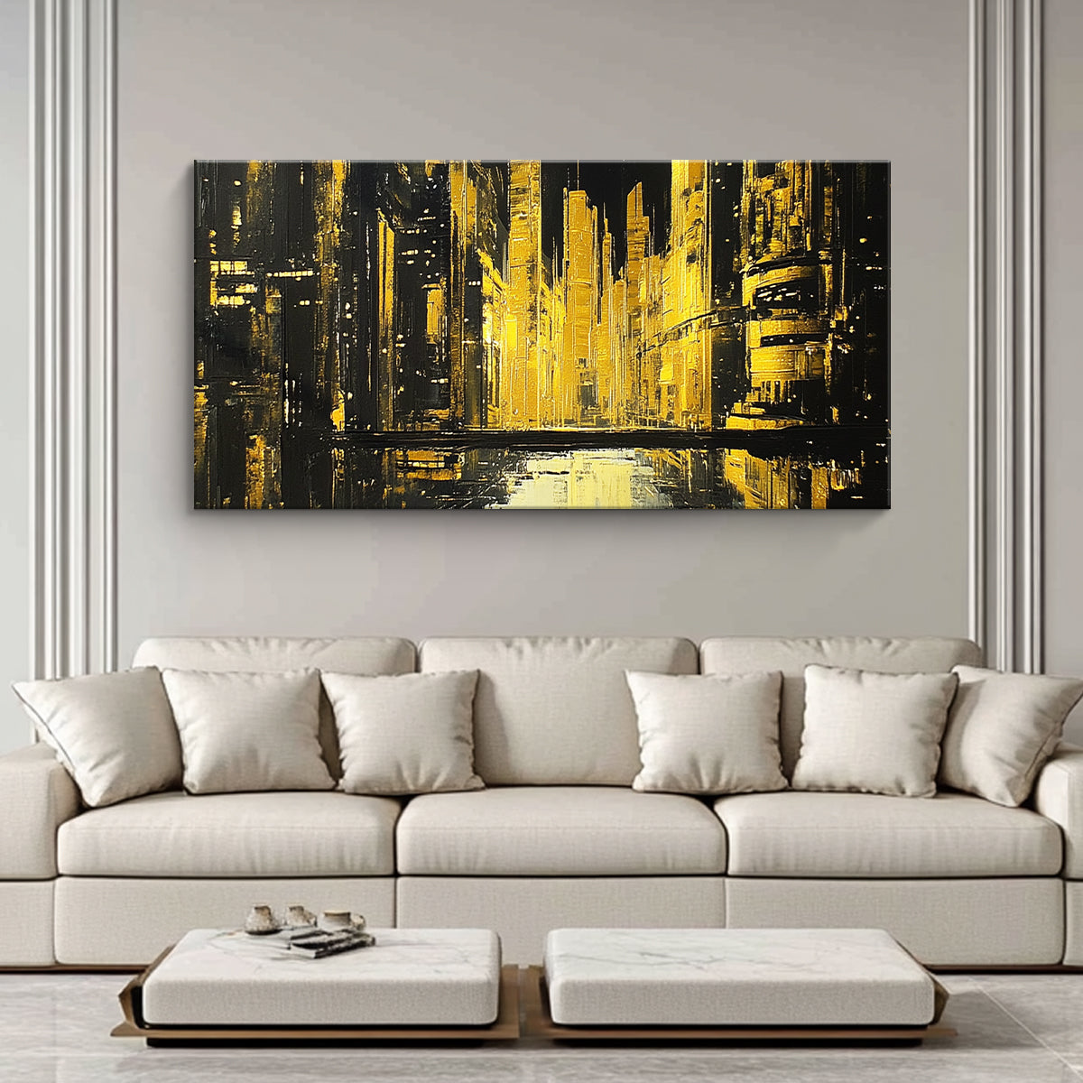 Golden Metropolis Monochromatic Abstract Canvas Wall Art