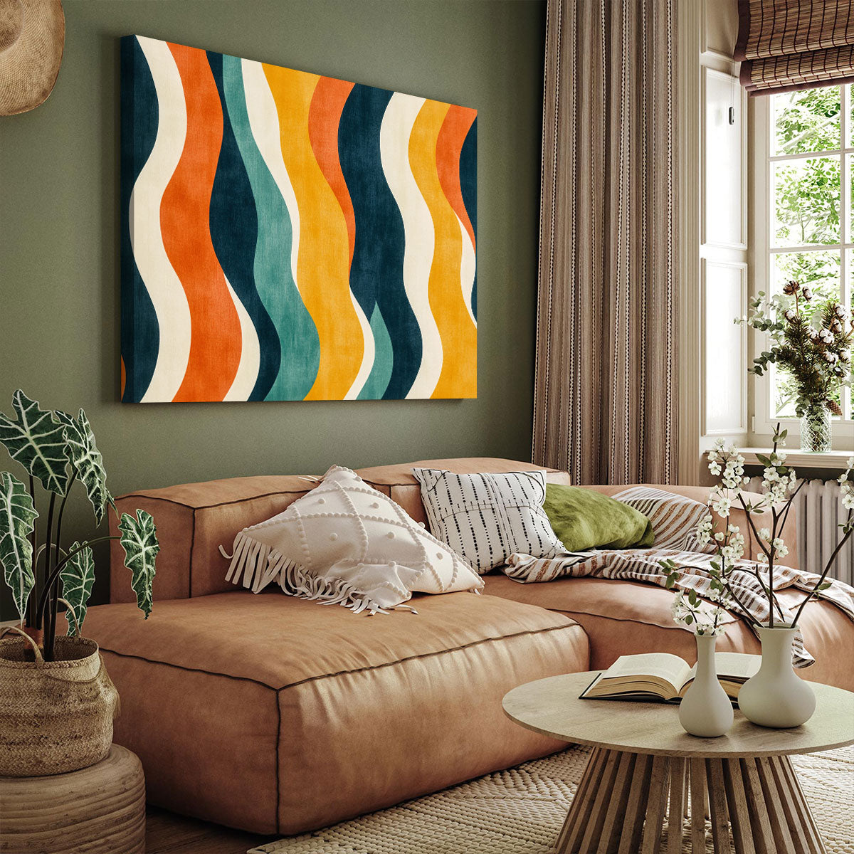Retro Wavy Lines 70s Boho Wall Decor in Warm Muted Tones