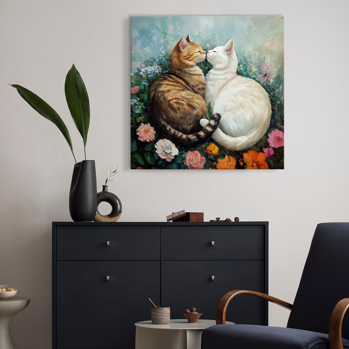 Romantic Cat Duo in Floral Garden – Oil Canvas Wall Art