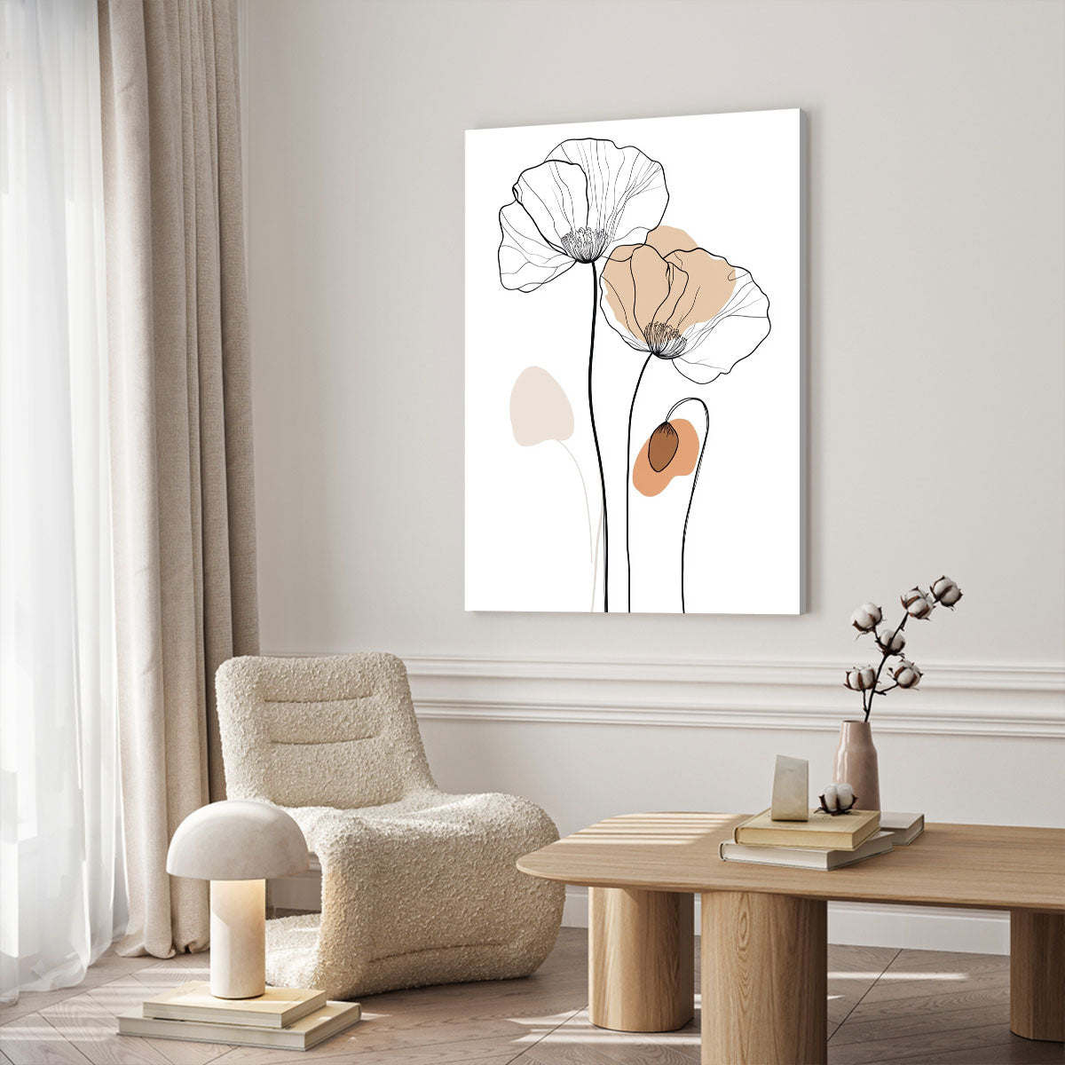 One-Line Poppy Flower Canvas Wall Art – Minimalist Floral Line Drawing Print