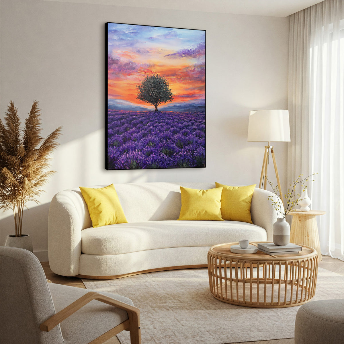 Lavender Field with Tree in Bloom Nature Artwork