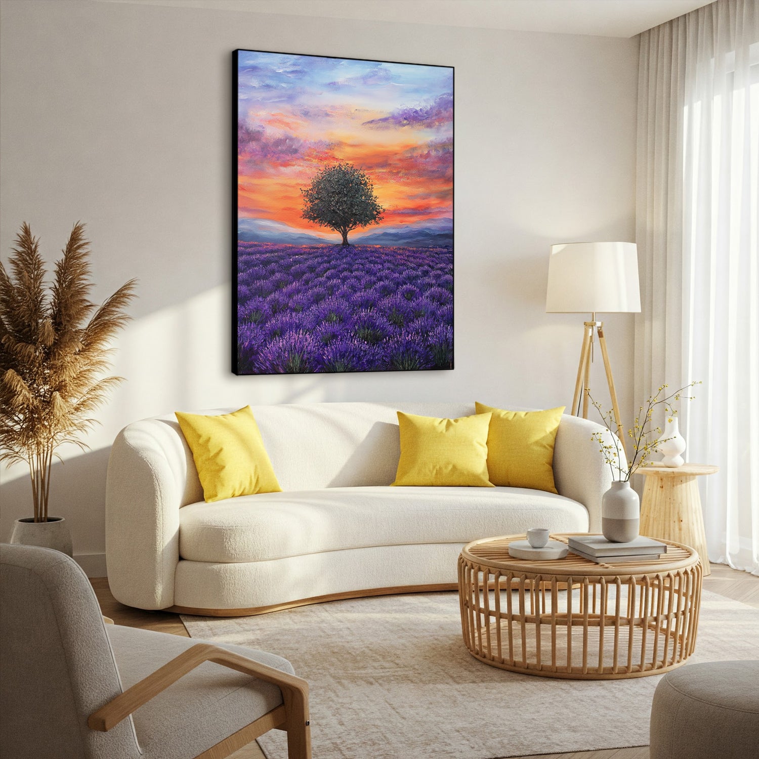 Lavender Field with Tree in Bloom Nature Artwork