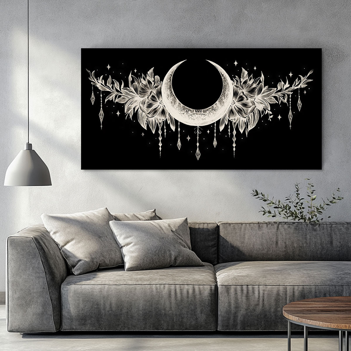 Crescent Moon and Floral Line Art Boho Canvas Wall Decor